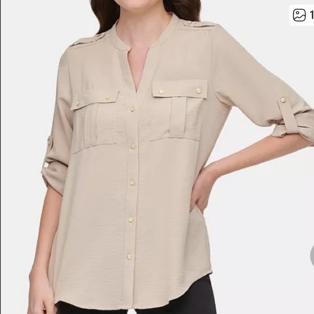 CALVIN KLEIN TEXTURED ROLL UP SHIRT, BEIGE, SIZE XL NWOT